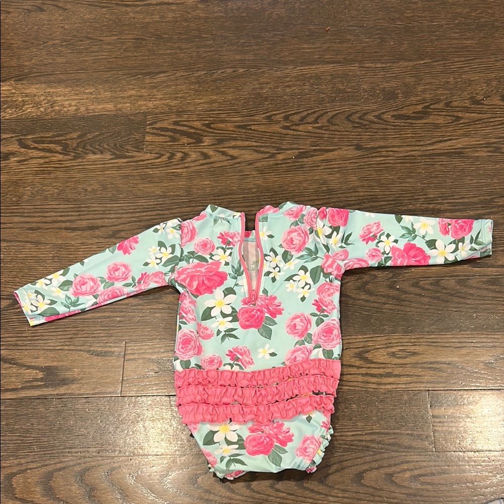 Ruffle Butts Floral Kids Swim One Piece - Pink and Green